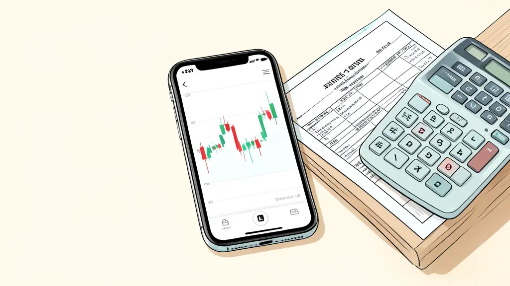 A close-up of a smartphone screen displaying a professional trading app with a red and green candlestick chart, placed on a wooden desk next to a tax declaration form and a calculator, editorial style, no text, no logo