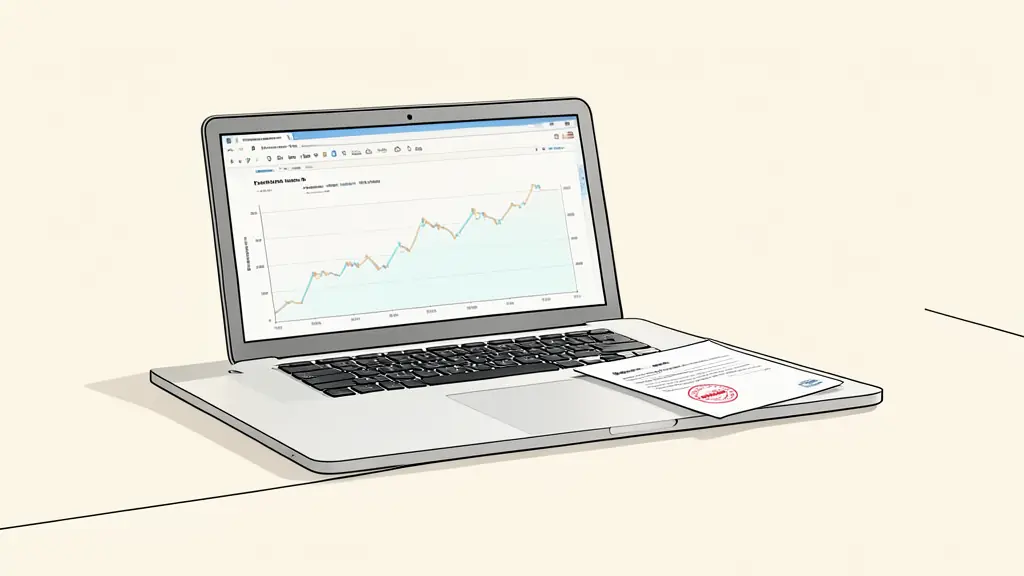 A professional desk with a laptop displaying a financial chart and a legal document with a red stamp of radiation, editorial style, neutral lighting