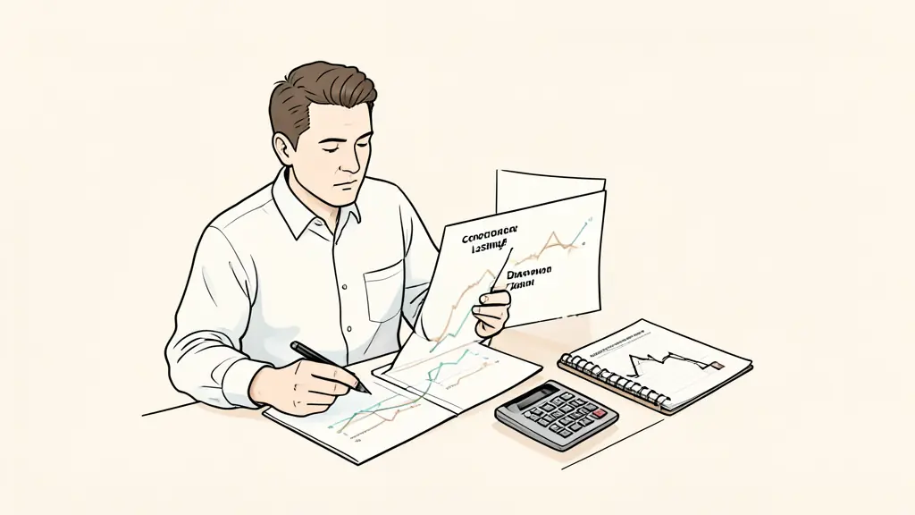 Risk manager studying an equity curve with consecutive losing trades, calculator beside a trading journal, drawdown threshold marked without text