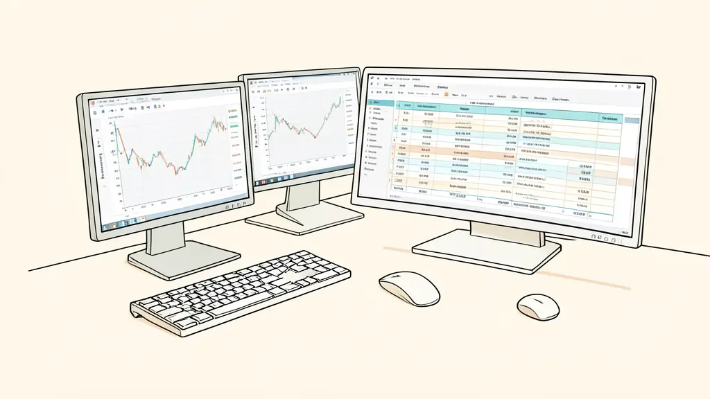 A professional trading desk with multiple monitors showing real-time price charts, a focus on a detailed spreadsheet analyzing spreads and swap fees, editorial photography, high resolution