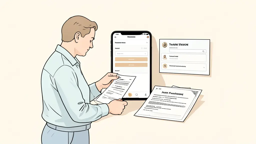 Editorial photograph of a trader reviewing an identity verification form beside a trading platform login screen and a printed funding contract, no text, no logo