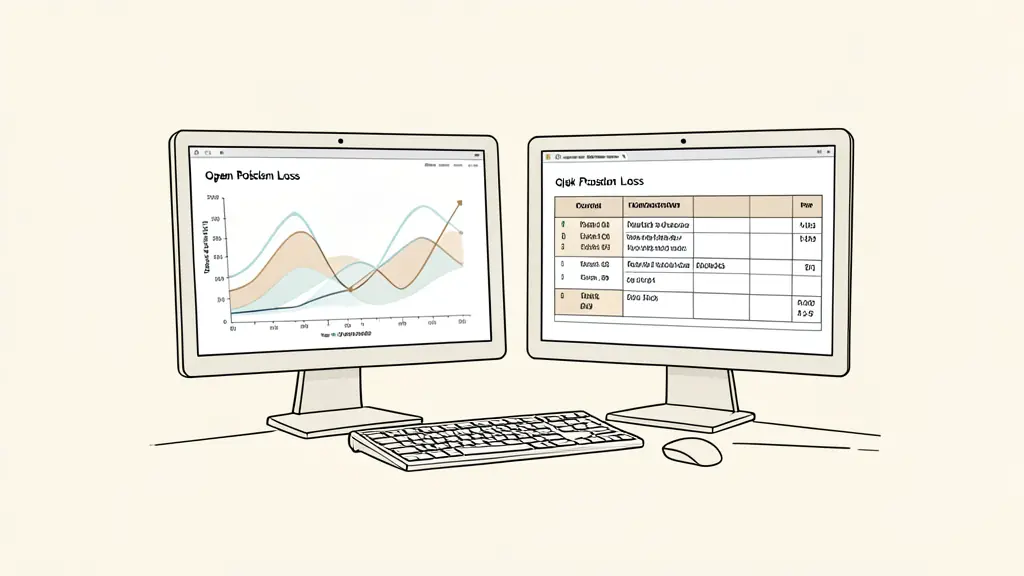 Editorial photograph of a trader comparing an equity curve, an open position loss and a printed risk rules table at a dual-monitor desk, no text, no logo