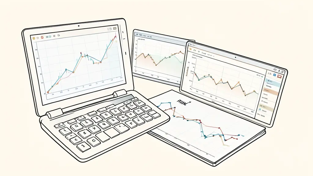 close-up editorial photograph of a trader monitoring an equity curve, a calculator beside a risk journal, and several open chart windows, no text, no logo