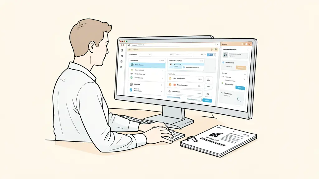 A trader reviewing a simulated funded account dashboard on two monitors, identity verification documents beside a risk management notebook, no text, no logo