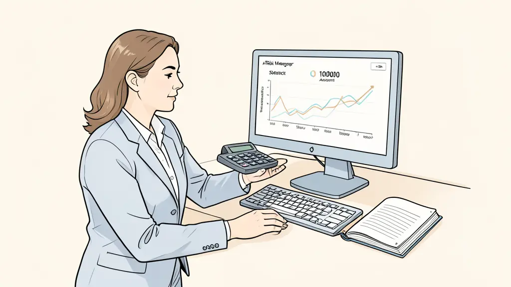 A risk manager comparing static and trailing drawdown curves on a monitor, calculator showing a 100000 account example, trading journal open beside the keyboard, no text, no logo