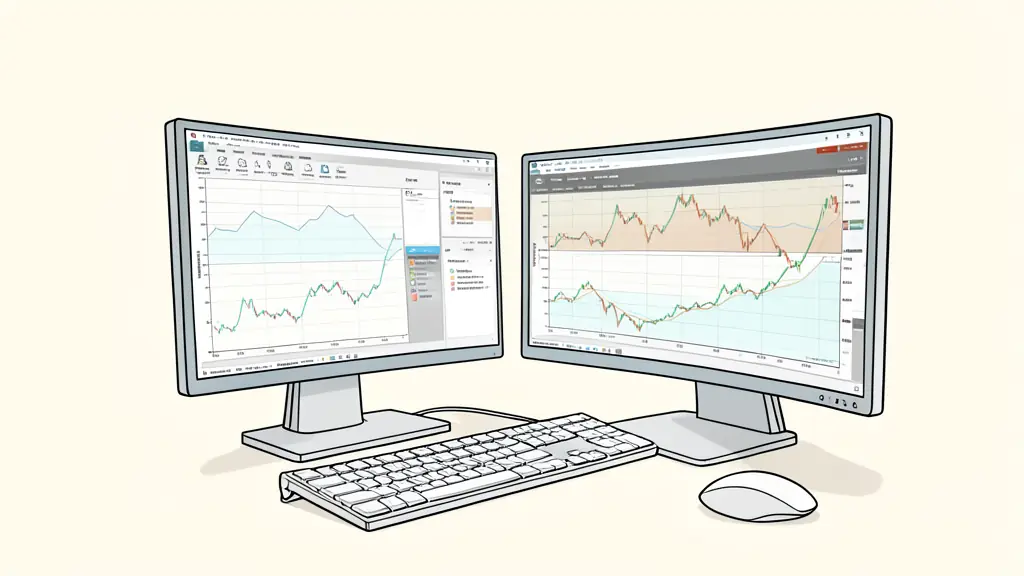 Close-up of a professional trading setup with multiple monitors showing MetaTrader 5 charts, a sleek keyboard, and a focused atmosphere in a modern office in Sandton