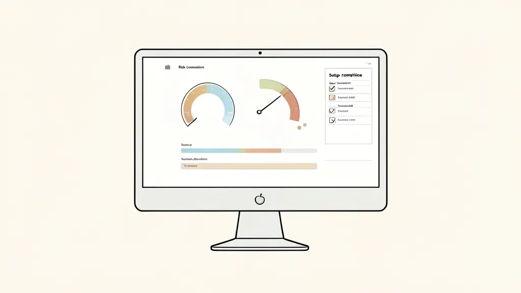 Editorial photograph of an unbranded trading desk monitor displaying a color-coded risk-consumption gauge, remaining-drawdown bar, and setup-compliance checklist with execution-error markers, no readable text, no logo