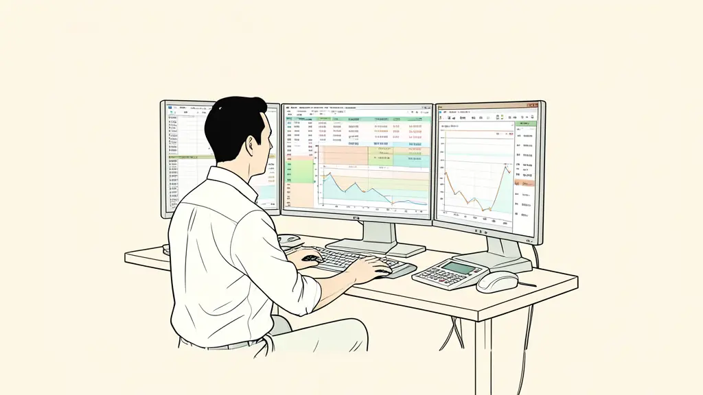 futures trader at a multi-monitor workstation, order ladder interface, market data equipment, no text or logo