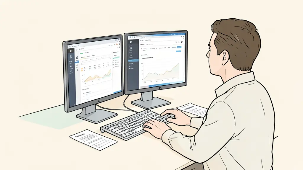 Trader reviewing a simulated account dashboard on two monitors, identity verification documents beside the keyboard, payment request form open without visible text or logos